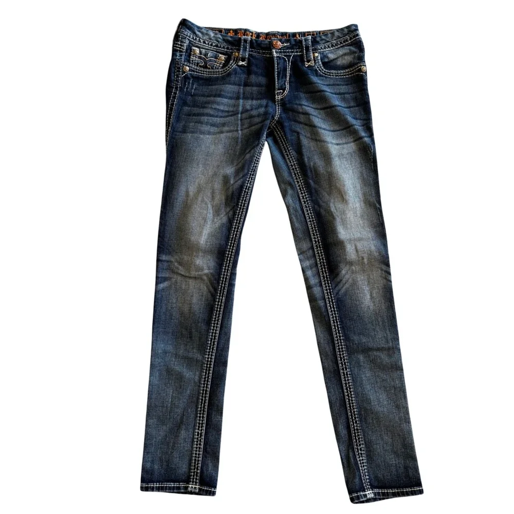 Rock Revival Jessica Skinny Jeans Dark Wash Flap Pocket Sz 29 Faded Whisker Y2k